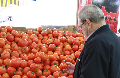 A customer examines tomatoes at a market in Amman on Monday (Photo by Hassan Tamimi)
